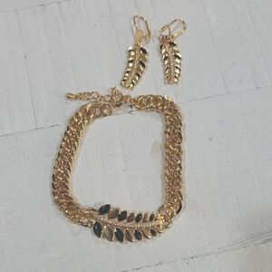 18k Gold Plated Leaf Chain Bracelet and Earrings Set with Black Accents